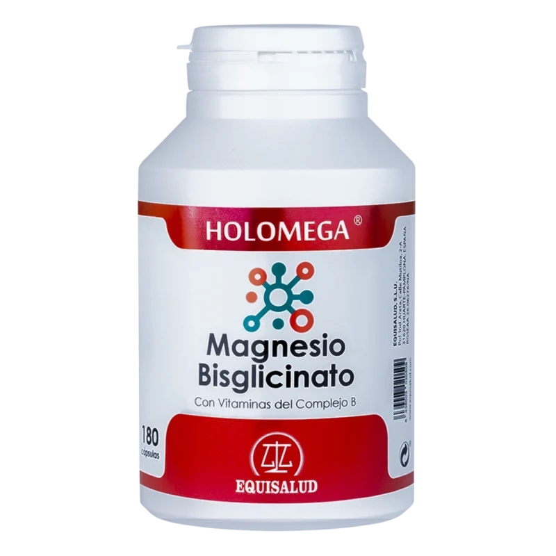 Holomega Magnesio Bisglicinato con vitaminas del complejo B bote de 180 cápsulas de producto de la línea Holomega. Producto de Laboratorios Equisalud.