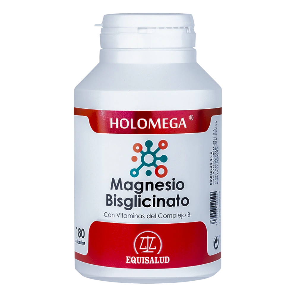 Holomega Magnesio Bisglicinato con vitaminas del complejo B bote de 180 cápsulas de producto de la línea Holomega. Producto de Laboratorios Equisalud.