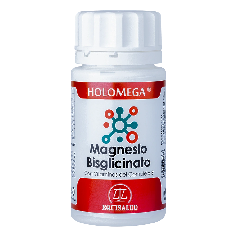 Holomega Magnesio Bisglicinato con vitaminas del complejo B bote de 50 cápsulas de producto de la línea Holomega. Producto de Laboratorios Equisalud.