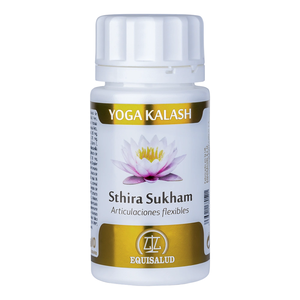 Sthira Sukham bote de 60 cápsulas de la línea Yoga Kalash, producto de Laboratorios Equisalud