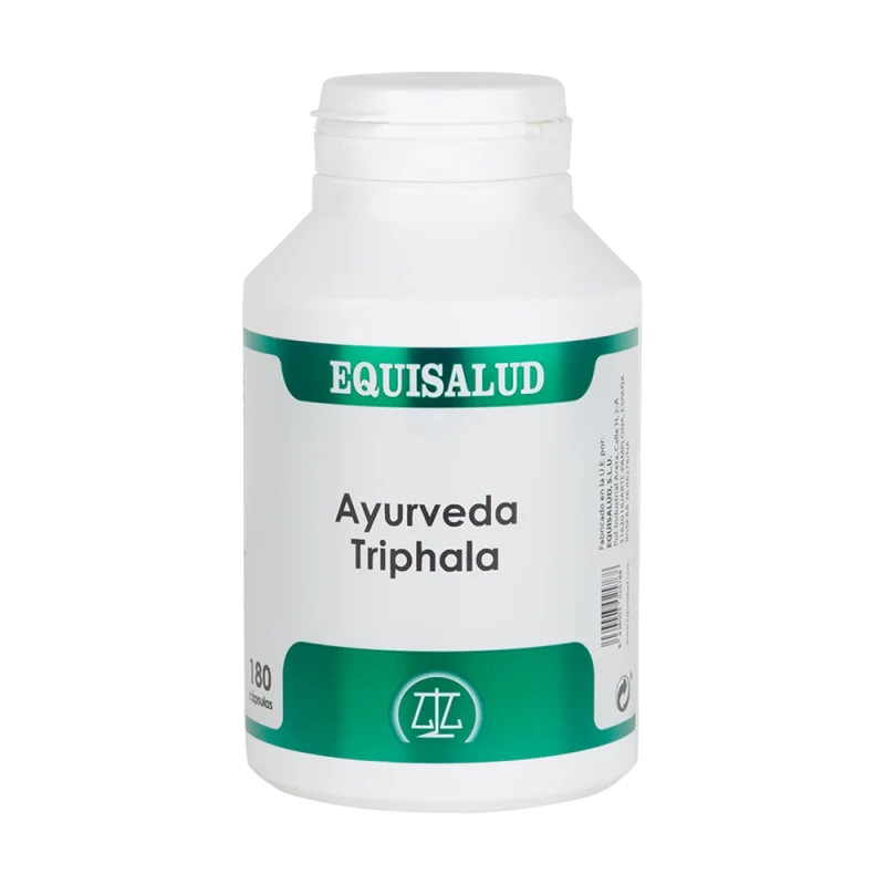 Ayurveda Triphala bote de 180 cápsulas de la línea Ayurveda, producto de Laboratorios Equisalud