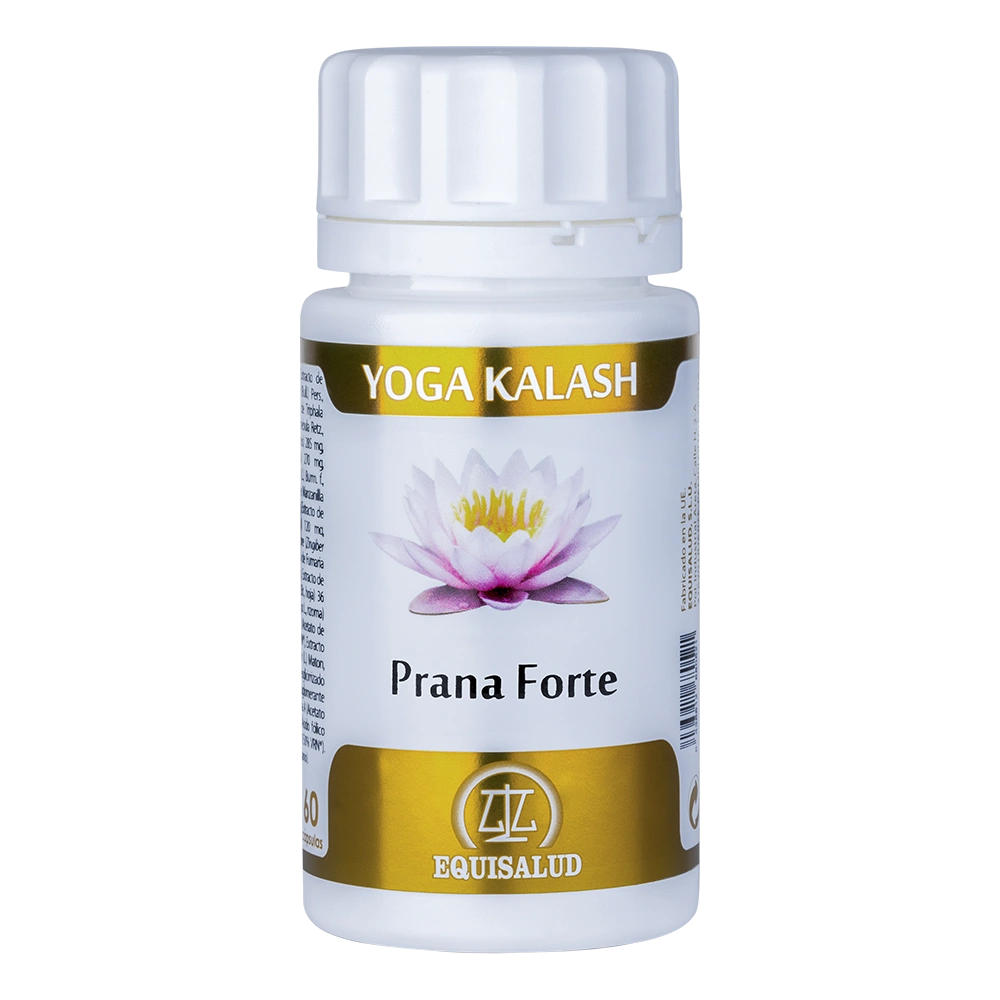 Prana Forte bote de 60 cápsulas de producto de la línea Yoga Kalash. Producto de Laboratorios Equisalud.