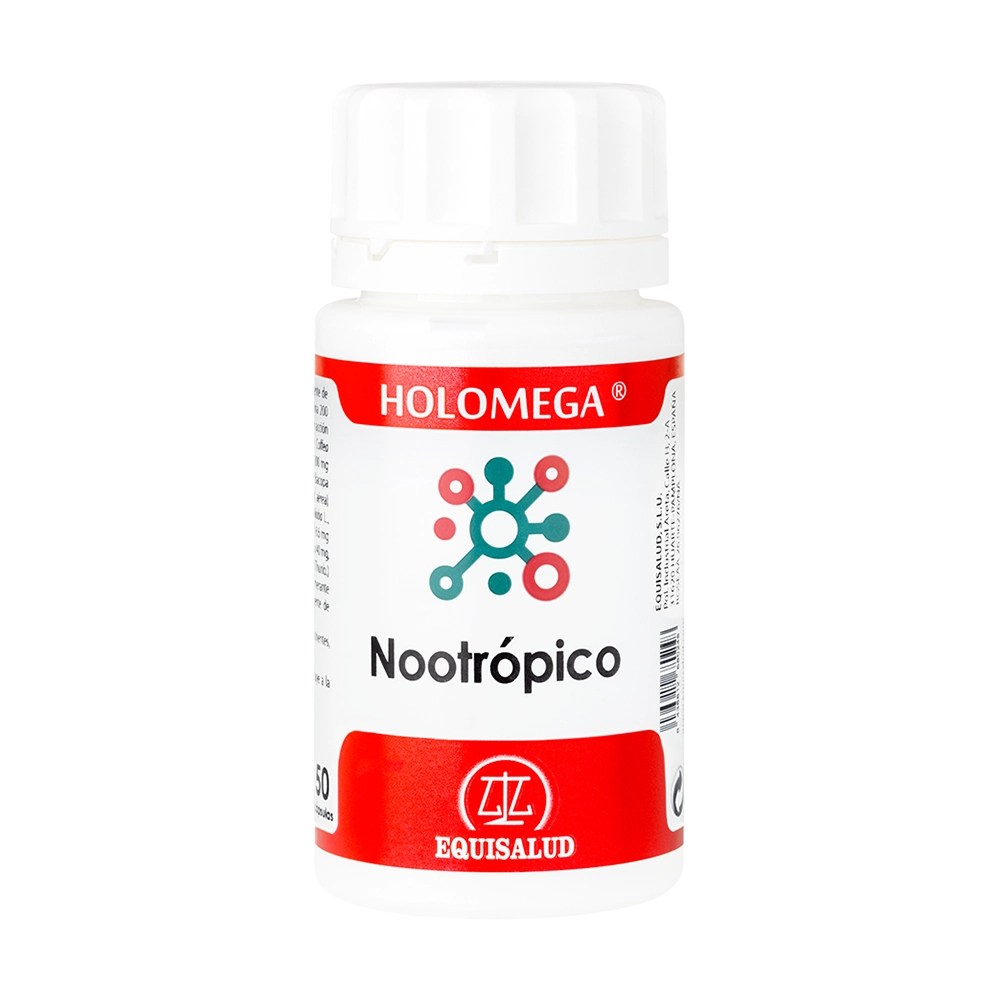 Holomega Nootrópico bote de 50 cápsulas de producto de la línea Holomega. Producto de Laboratorios Equisalud.