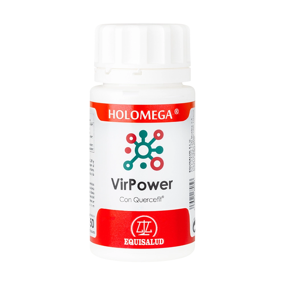 Holomega VirPower bote de 50 cápsulas de producto de la línea Holomega. Producto de Laboratorios Equisalud.