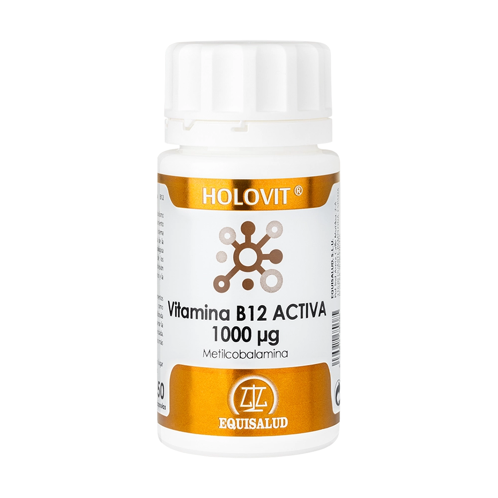 Holovit Vitamina B12 Activa bote de 50 cápsulas de producto de la línea Holovit. Producto de Laboratorios Equisalud.