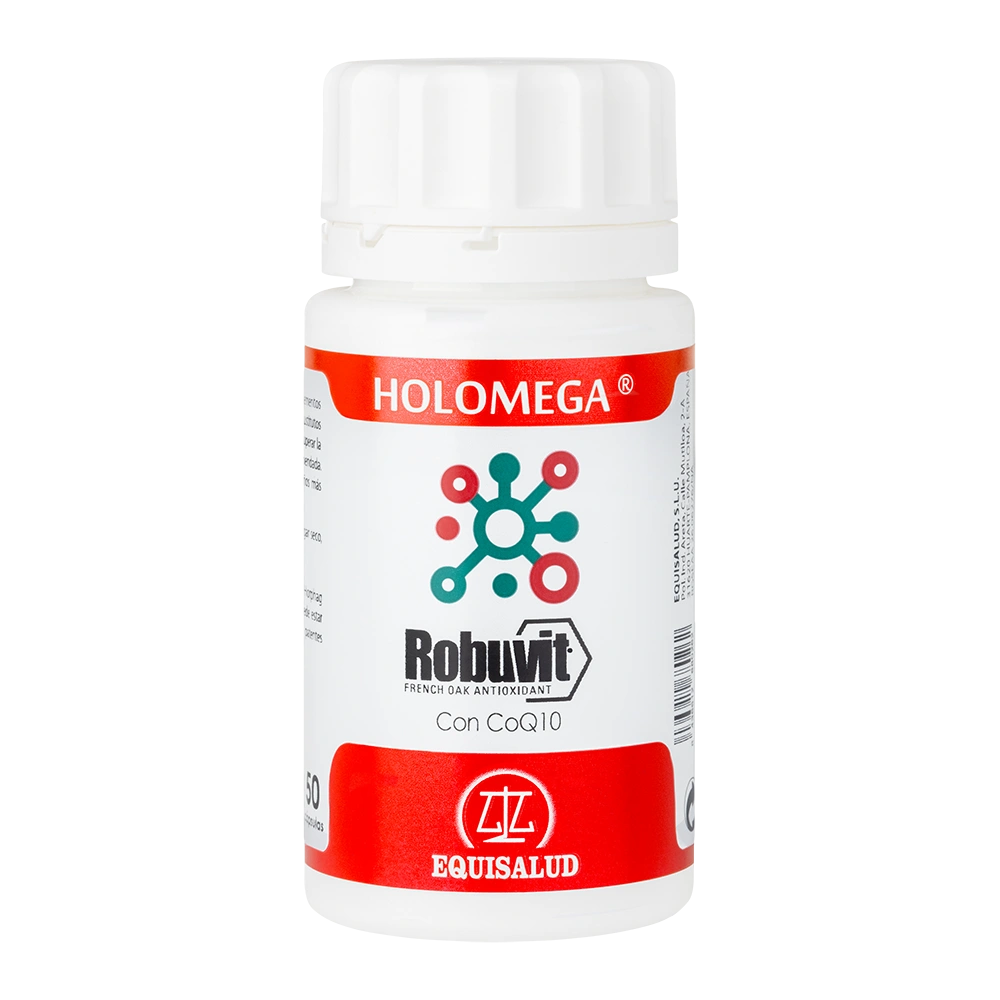 Holomega Robuvit con Q10 bote de 50 cápsulas de producto de la línea Holomega. Producto de Laboratorios Equisalud.