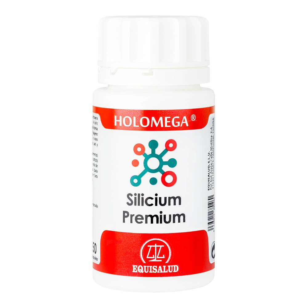 Holomega Silicium Premium bote de 50 cápsulas de producto de la línea Holomega. Producto de Laboratorios Equisalud.