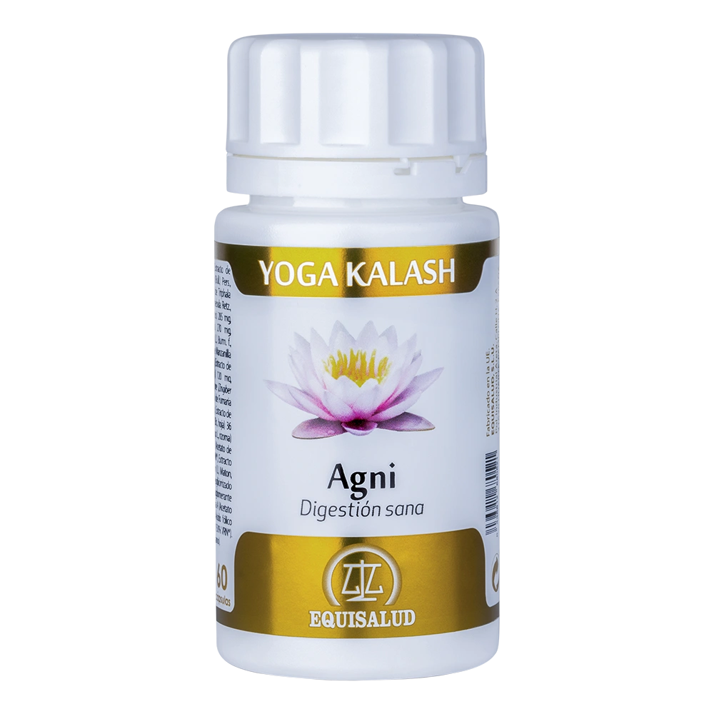 Agni bote de 60 cápsulas de producto de la línea Yoga Kalash. Producto de Laboratorios Equisalud.