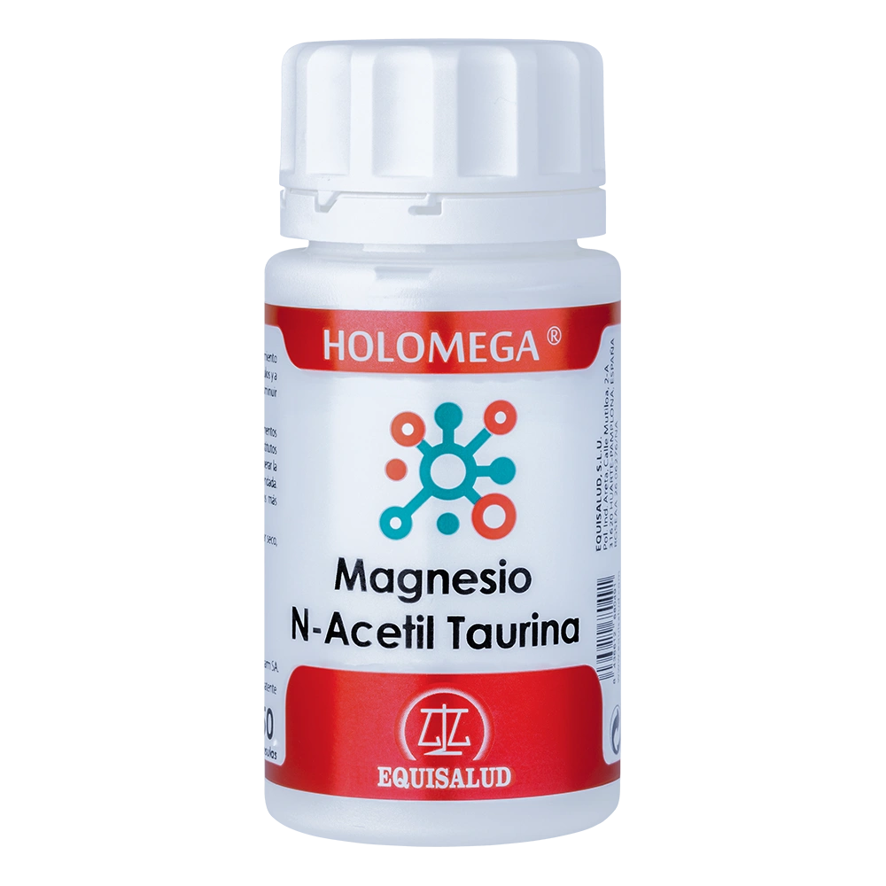 Holomega Magnesio N-acetil Taurina bote de 50 cápsulas de producto de la línea Holomega. Producto de Laboratorios Equisalud.