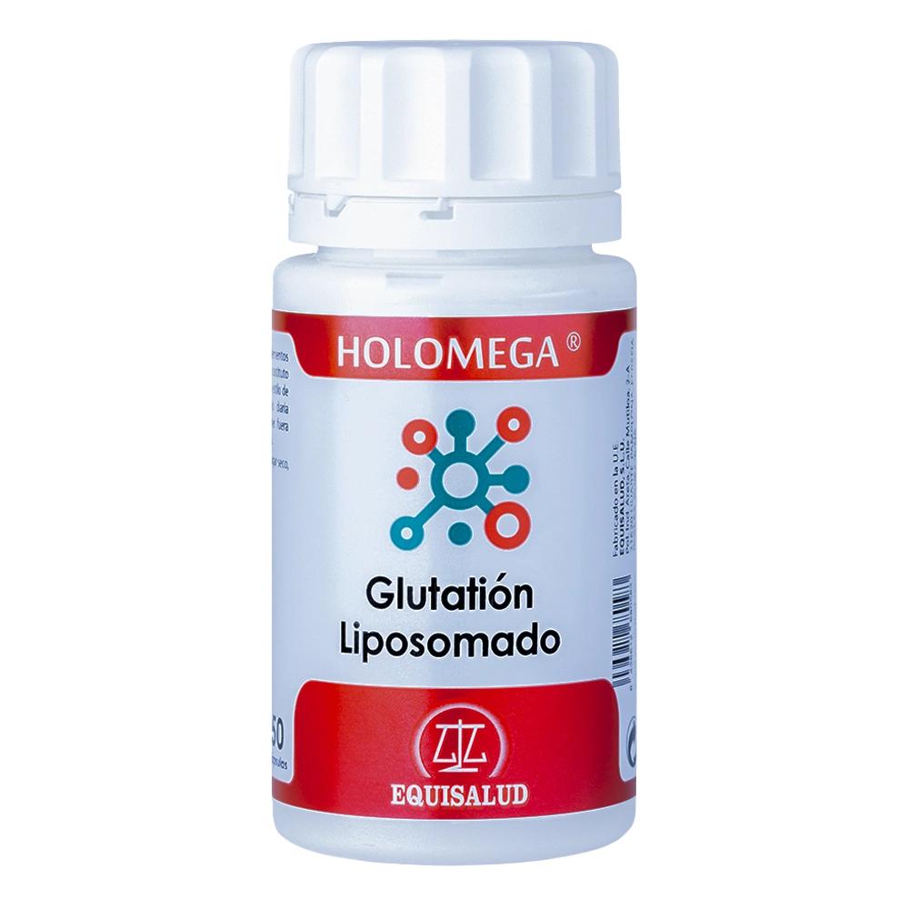 Holomega Glutatión Liposomado bote de 50 cápsulas de producto de la línea Holomega. Producto de Laboratorios Equisalud.