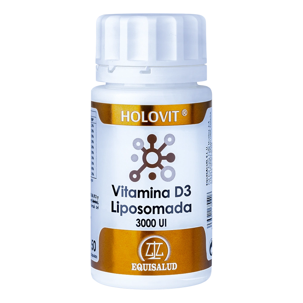 Holovit Vitamina D3 Liposomada bote de 50 cápsulas de producto de la línea Holovit. Producto de Laboratorios Equisalud.