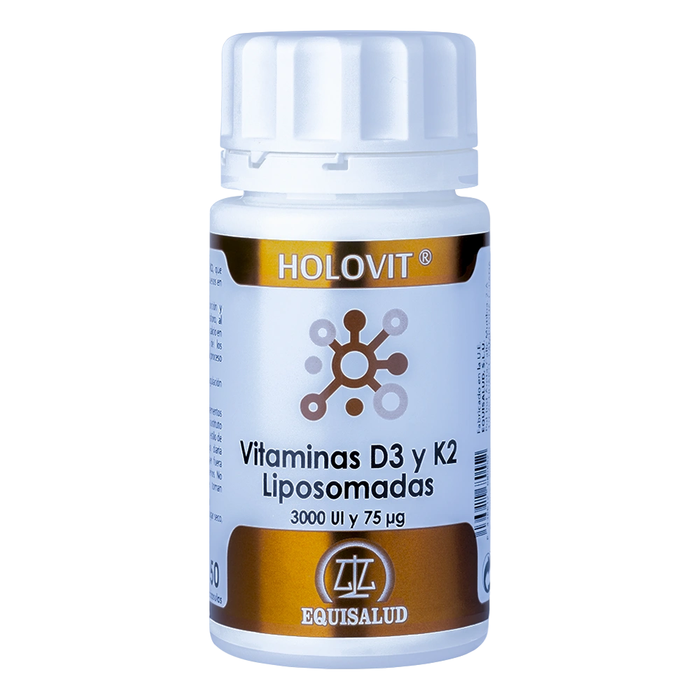 Holovit Vitaminas D3 y K2 Liposomadas bote de 50 cápsulas de producto de la línea Holovit. Producto de Laboratorios Equisalud.